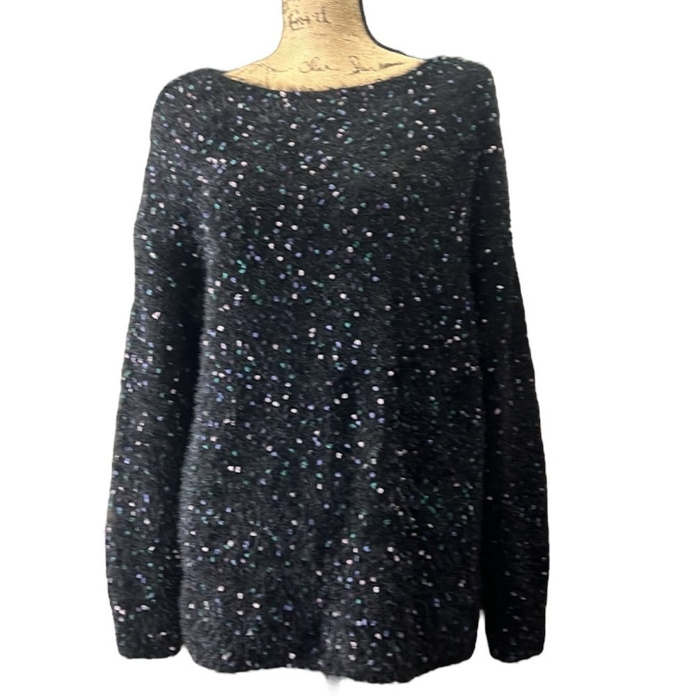 Ricki’s EC Ladies black and purple long sleeve fuzzy boat neck sweater. Size XL